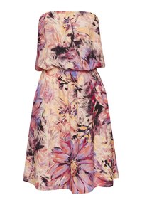 Trägerloses Blumenkleid mit einem lebhaften Aquarelldruck in Pink, Lila und Gelb. Hat eine lockere Passform und einen gerafften Taillenbund.