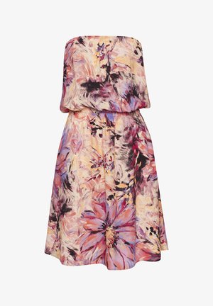 Rihmata õieprindiga kleit, mille erksad veesvärvide toonid on roosa, lilla ja kollane. Omab vaba lõiget ja kokku tõmmatud vöökohta.