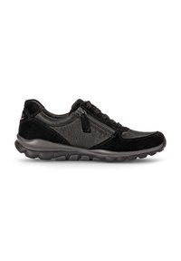Scarpe sportive nere realizzate con una combinazione di suede testurizzato e pelle liscia, dotate di chiusura con zip, suola flessibile e intersuola imbottita per il massimo comfort.