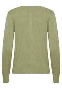 Pull à manches longues de couleur vert clair, fabriqué en tissu doux. Il présente un col rond et des poignets et un ourlet côtelés. Design simple et texturé.