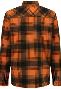 Rutet flannel skjorte i orange og sort. Har knapmanchetter, en krave og et tekstureret stof med et varmt udseende.