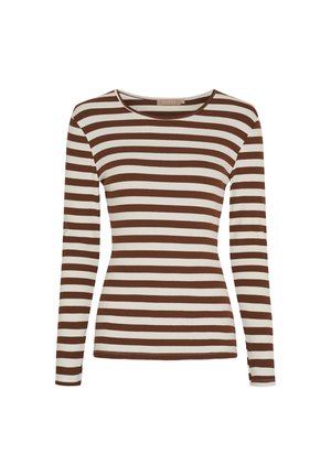 Brun og cremefarvet stribet langærmet top med ribbet tekstur, rund halsudskæring, tætsiddende silhuet og kontrasterende vandrette striber over det hele.