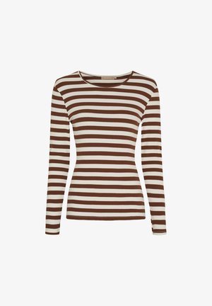 Brun og cremefarvet stribet langærmet top med ribbet tekstur, rund halsudskæring, tætsiddende silhuet og kontrasterende vandrette striber over det hele.