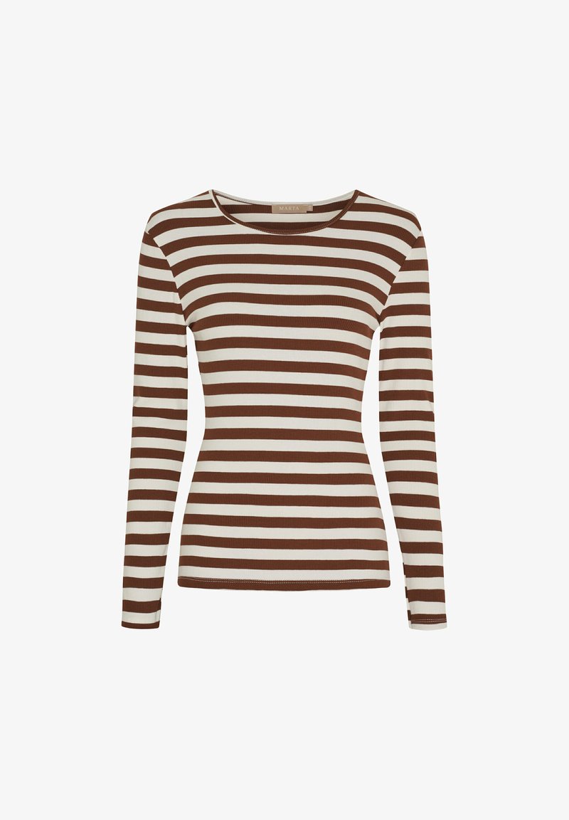 Brun og cremefarvet stribet langærmet top med ribbet tekstur, rund halsudskæring, tætsiddende silhuet og kontrasterende vandrette striber over det hele.
