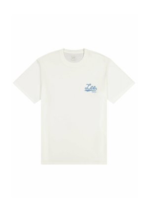 Valkoinen puuvillainen t-paita, jossa on vaaleansininen Lee-logo ja teksti "1889". Klassinen pyöreä kaula-aukko ja lyhyet hihat, sileä pinta.