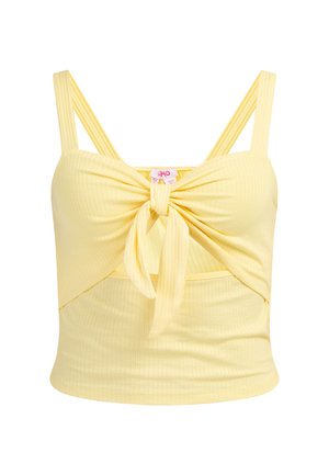 Top scurt ribbit galben, cu detaliu nod, și bretele ajustabile în sistem dublu. Prezintă un design ajustat și o textură moale.