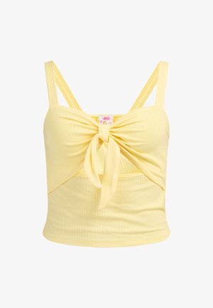 Geel geribbelde crop top met een geknoopt voorkantdetail en verstelbare dubbele banden. Heeft een aansluitend design en een zachte textuur.