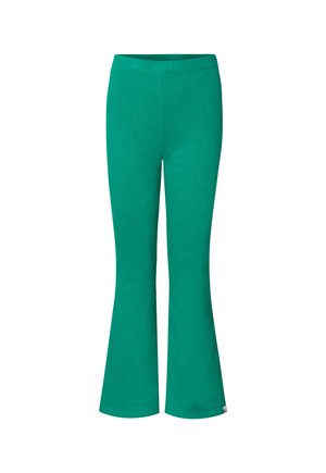 Pantalons évasés verts en coton doux avec une texture lisse et une large ceinture élastique, présentant un design simple et uni.