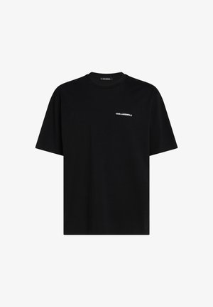 Camiseta de algodón negra con cuello redondo, mangas cortas y un pequeño logo blanco de "KARL LAGERFELD" en el pecho.
