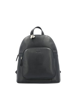 Schwarzer Leder-Rucksack mit einer vorderen Reißverschlusstasche, einem Tragegriff oben und einem silbernen Reißverschlussanhänger in Form des Buchstabens „P“.