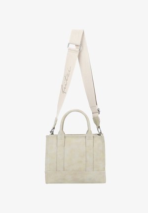 Beige, faux leather bag with two handles, a removable strap, and stitched detailing. Features a soft texture and rectangular shape.