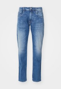Light blue denim jeans with a straight leg cut, five-pocket design, subtle fading, and a standard waistband with a button closure.