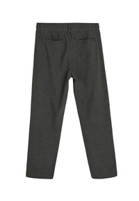 Ciemnoszare spodnie z elastycznym paskiem, z dwoma tylnymi kieszeniami i prostym krojem nogawek. Materiał wydaje się teksturowany.