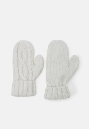 Weiße gestrickte Handschuhe mit einem Kabelmuster auf einer Seite und gerippten Bündchen. Weicher Stoff mit runder Form für Wärme und Komfort.
