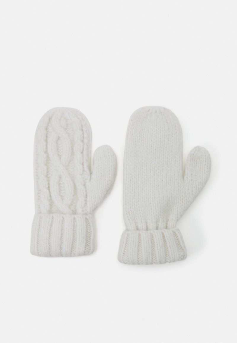 Witte gebreide wanten met een kabelpatroon aan één kant en geribbelde manchetten. Zachte textuur met een ronde vorm voor warmte en comfort.