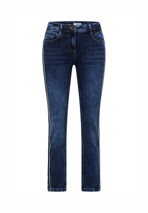 Mörkblå denimjeans med rak passform, med vita sidosträck, fem fickor, dragkedja och metallknappstängning.