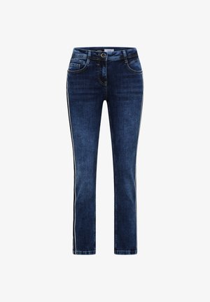Donkerblauwe denim jeans met een rechte pijp, voorzien van witte zijstrepen, vijf zakken, een ritsluiting en een metalen knoopsluiting.