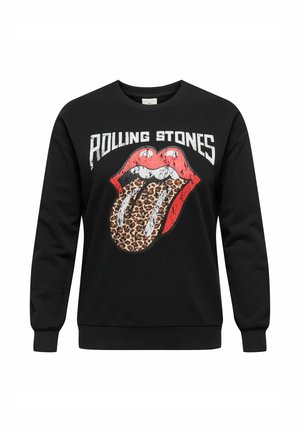 Svart tröja med grafisk design av röda läppar med en leopardmönstrad tunga, och texten "ROLLING STONES" i vitt.