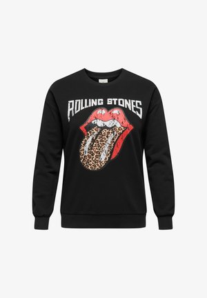 Črna majica s kapuco, ki ima grafični dizajn rdečih ustnic z leopardjim vzorcem na jeziku in belim besedilom "ROLLING STONES".