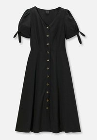 Schwarzes knielanges Kleid mit V-Ausschnitt, Puffärmeln mit Bändern und durchgehender Knopfleiste vorne. Hergestellt aus glattem Stoff mit fließender Silhouette.