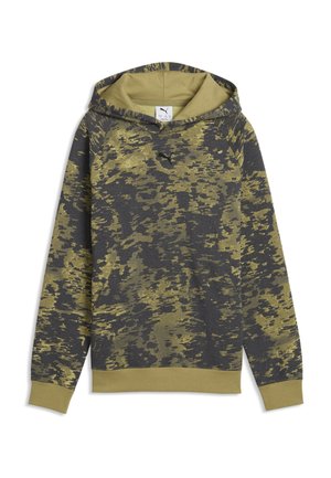 Sweat à capuche à manches longues avec motif camouflage vert et noir, poignets et ourlet côtelés, avec logo Puma sur la poitrine.