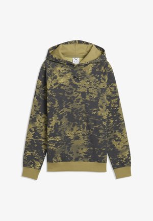 Bluza z kapturem i długim rękawem w zielono-czarny wzór kamuflażu, z prążkowanymi ściągaczami na rękawach i u dołu oraz logo Puma na piersi.