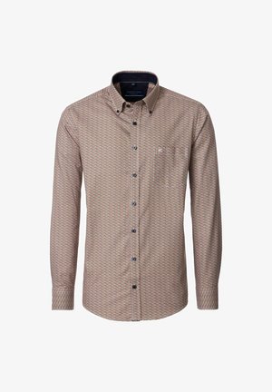 Herre langærmet skjorte med knapper og lille geometrisk mønster i beige, marineblå og rød, med lomme og knap-ned krave.