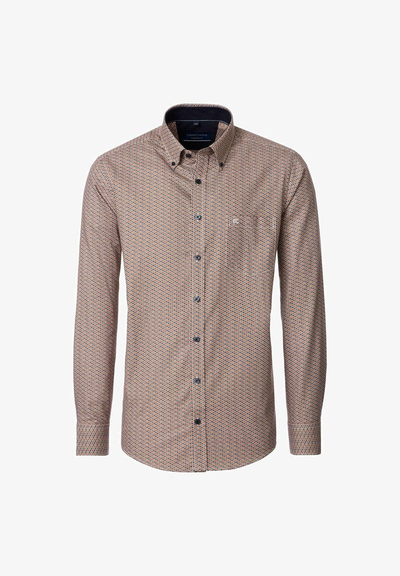 Męska koszula z długim rękawem, zapinana na guziki, w mały geometryczny wzór w odcieniach beżu, granatu i czerwieni, z kieszonką i kołnierzykiem zapinanym na guziki.