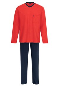 Rode lang mouw V-hals top met een marineblauwe rand en zak, gecombineerd met marineblauwe lange broek, gemaakt van zachte stof, gladde textuur, casual pasvorm.