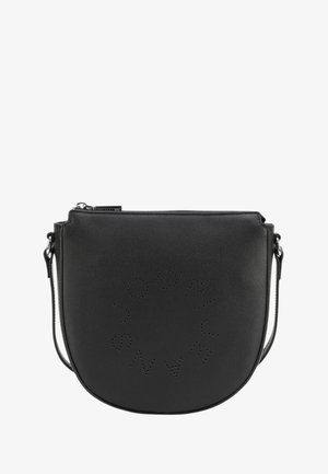 Borsa a tracolla nera in pelle con design del logo perforato, forma arrotondata, chiusura con zip e tracolla regolabile. Texture liscia con finitura opaca.