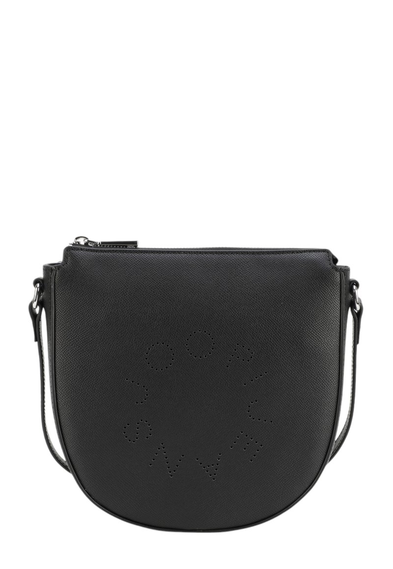 Borsa a tracolla nera in pelle con design del logo perforato, forma arrotondata, chiusura con zip e tracolla regolabile. Texture liscia con finitura opaca.