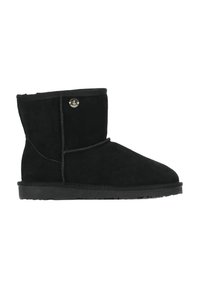 Stivaletti neri in suede con punta arrotondata, texture morbida, bottone decorativo sul lato e suola in gomma piatta.