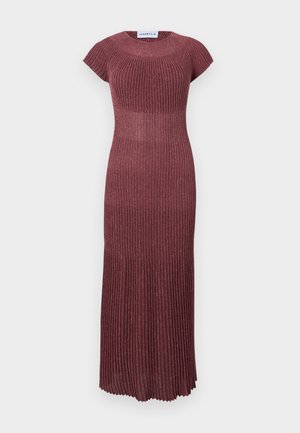 Ribbed, floor-length dress in deep burgundy with short cap sleeves, featuring a fitted bodice and flared hem for a flowing silhouette.