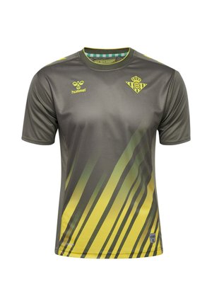 Donkergrijze T-shirt met korte mouwen en gele verloopstrepen. Voorzien van een logo en accenten in het geel, gemaakt van ademend materiaal.