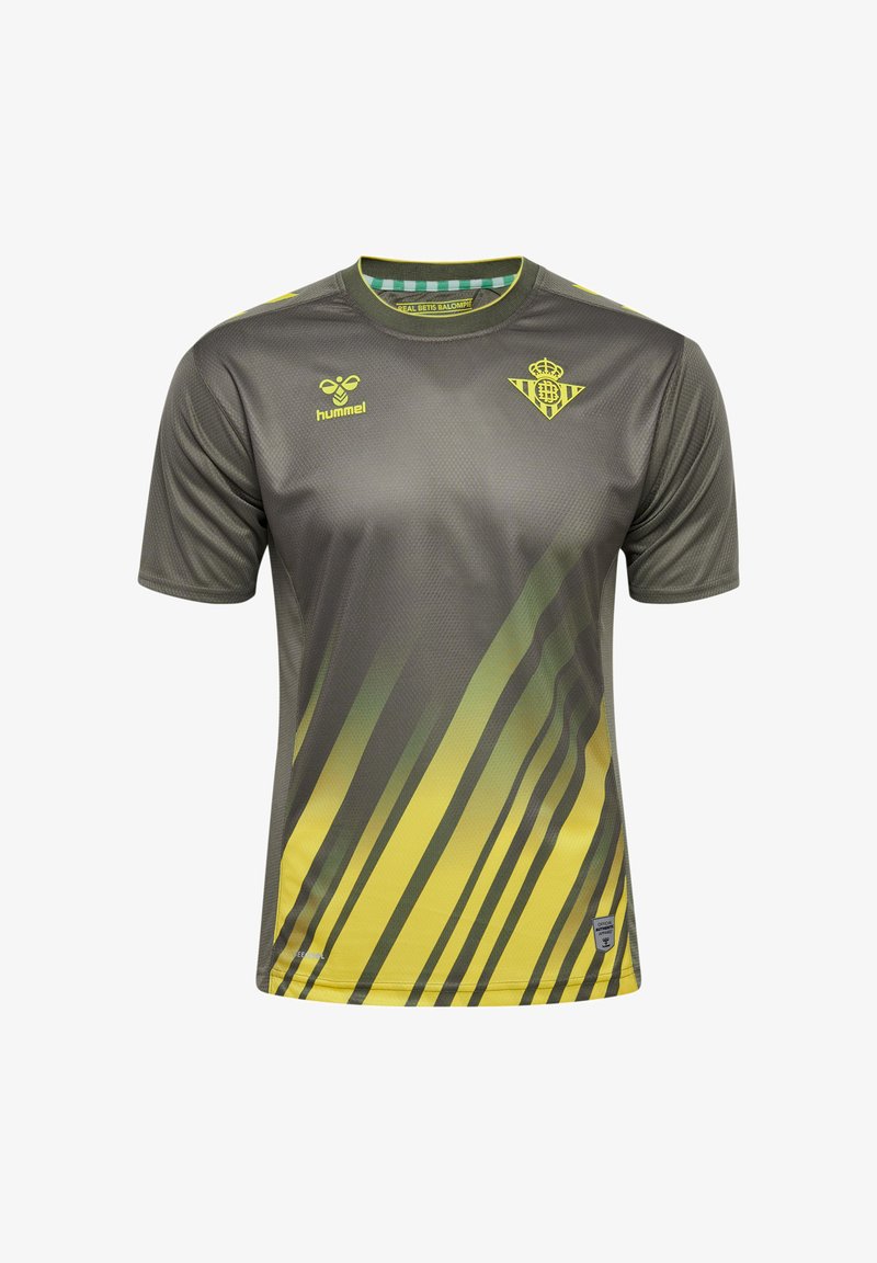 Ciemnoszara krótka koszulka z żółtymi gradientowymi paskami. Zawiera logo i akcenty w kolorze żółtym, wykonana z oddychającego materiału.