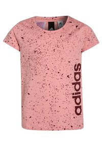 Rosa kortärmad t-shirt med ett sprinklat mönster, med en mörk vinröd logotyp på vänster sida. Tillverkad av mjukt tyg, rund halsringning.