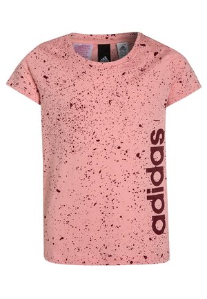 Rosa kortärmad t-shirt med ett sprinklat mönster, med en mörk vinröd logotyp på vänster sida. Tillverkad av mjukt tyg, rund halsringning.