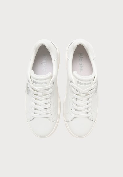 Pair of white lace-up sneakers with "Blauer" branding on the tongue, viewed from above on a plain light background.