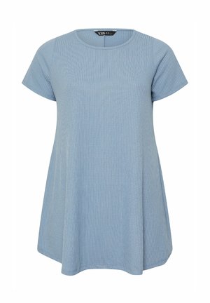 Hellblaues, kurzärmeliges Tunika-Top aus Rippstrick mit rundem Ausschnitt und leicht ausgestelltem Saum.