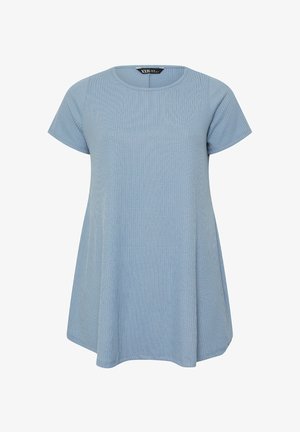 Tunique bleu clair en tricot côtelé à manches courtes, col rond et légère évasée à l'ourlet.