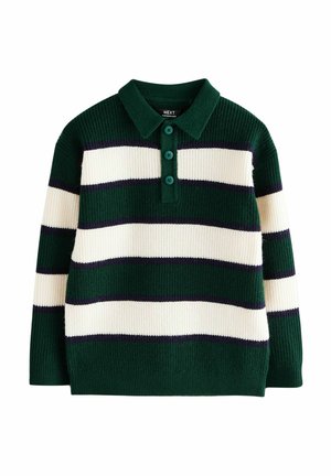 Pull en maille vert avec des rayures horizontales bleu foncé et crème, un col et trois boutons verts sur la patte de devant.