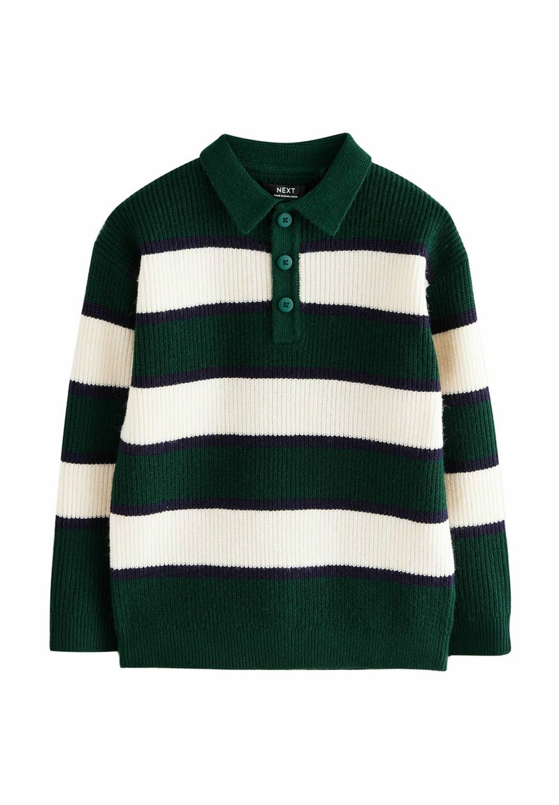 Pull en maille vert avec des rayures horizontales bleu foncé et crème, un col et trois boutons verts sur la patte de devant.