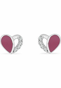 Hjärtformade studs-örhängen med en djup rosa sten och en bas i silvermetall. Dekorerade med små klara kristaller längs en kant.
