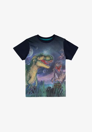 Short-sleeve T-shirt with a dinosaur graphic in green and purple, featuring a navy blue collar and sleeves. "Dino World" logo at the bottom.
