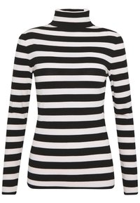 Maglione a collo alto a righe bianche e nere con maniche lunghe, realizzato in materiale morbido e elasticizzato; presenta righe orizzontali alternate.