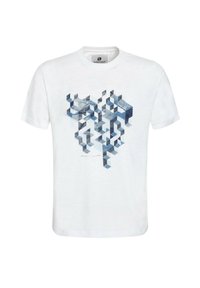 Bílý bavlněný tričko s geometrickým modrým potiskem hexagonálních a kubických tvarů, kulatým výstřihem a krátkými rukávy.