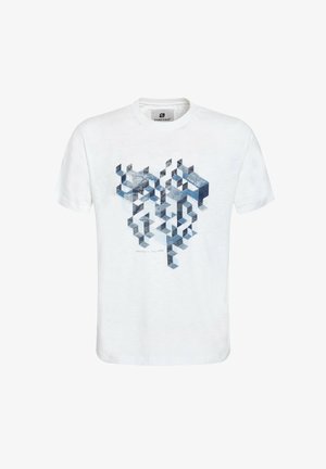 Witte katoenen t-shirt met een geometrisch blauw patroon van hexagonale en kubieke vormen, ronde hals en korte mouwen.