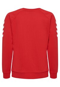 Sweat-shirt rouge à manches longues avec des poignets et un ourlet côtelés, présentant des rayures en chevron blanches sur les deux manches, vu de dos.
