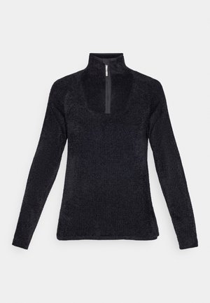 Black fleece pullover with a high collar, half-zip closure, long sleeves, and a textured surface. Smooth internal lining.