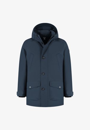 Marineblauwe winterparka met capuchon, knoop- en ritsluiting, twee borstzakken en twee klepzakken met drukknoop.